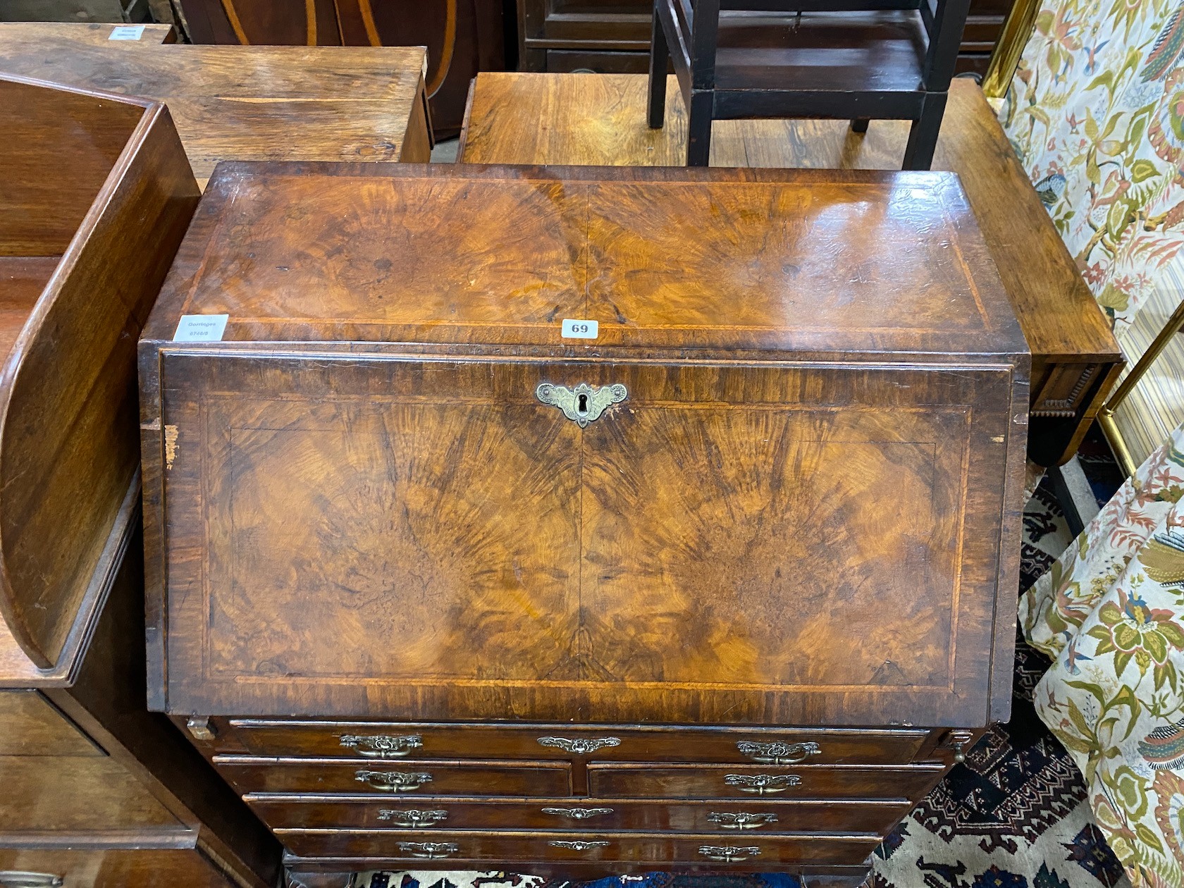 A Queen Anne revival feather banded walnut bureau, width 76cm, depth 50cm, height 101cm